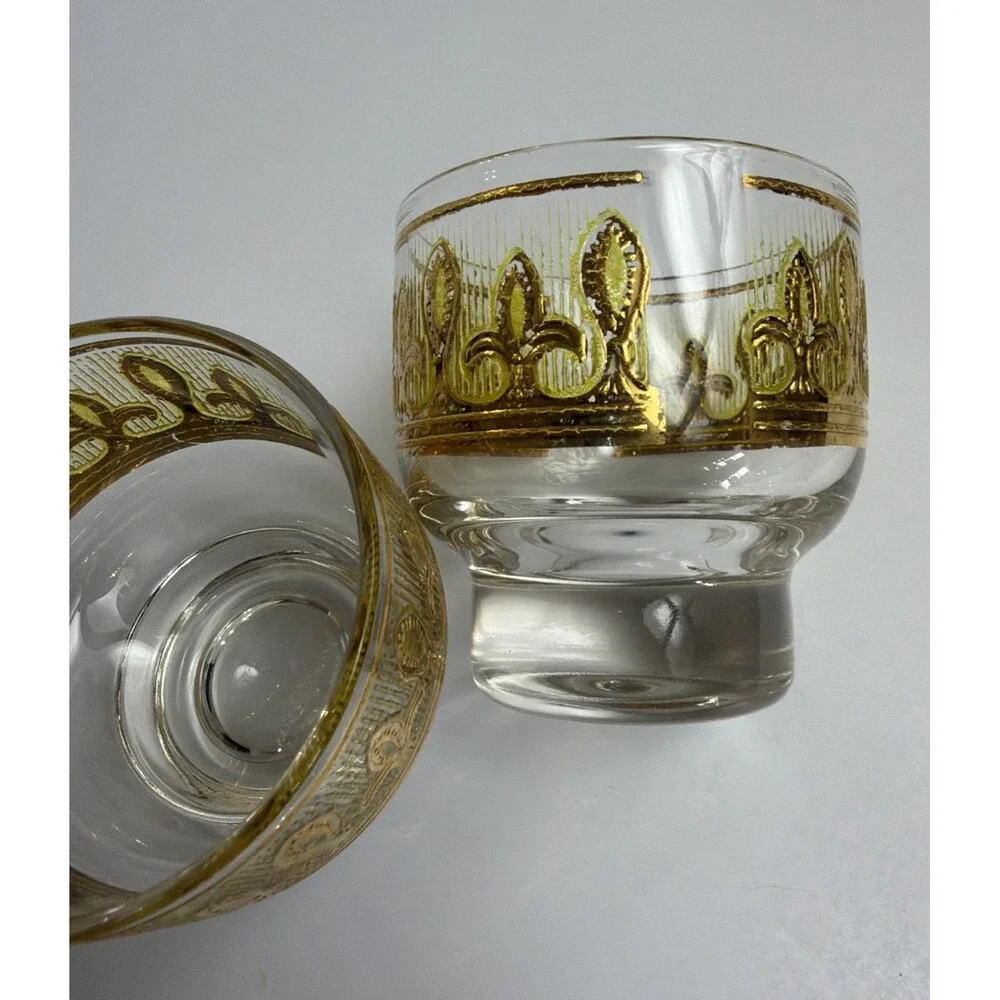 MCM Culver Fleur De Lis Lowball Glasses Set of 4 22KG Gold Citrine Yellow 1960s